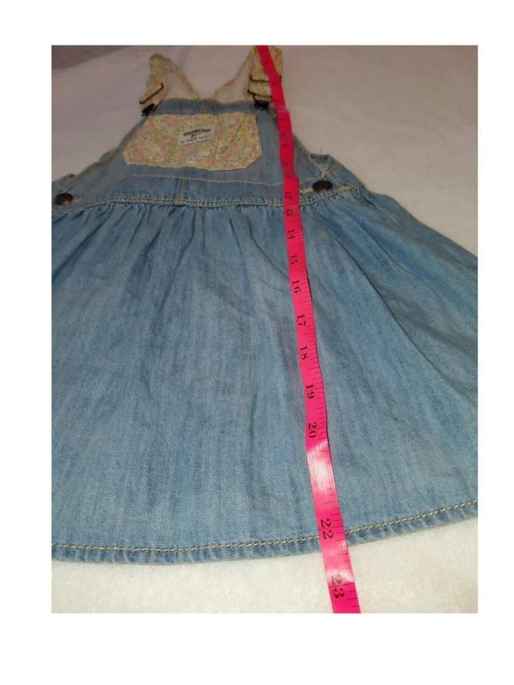 OshKosh B’gosh Girls 3T Denim Overall Jumper Dress Floral Pocket & Straps